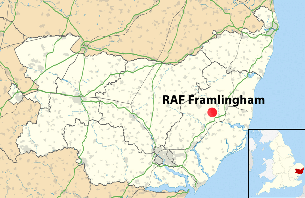 Map showing the location of RAF Framlingham within Suffolk. (Source: Wikipedia) 