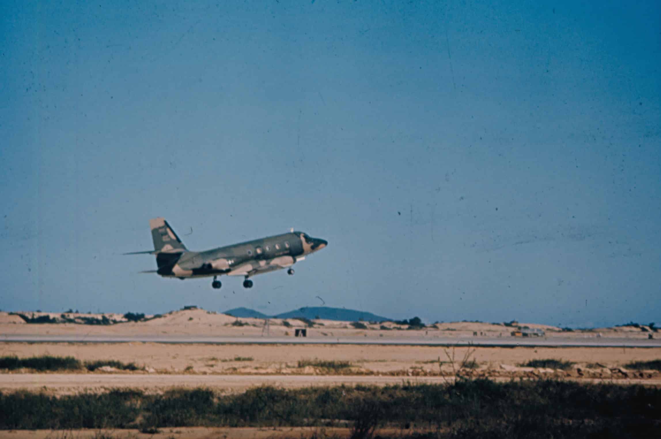 JetStars wore a camouflage paint scheme for operations in Southeast Asia during the  Vietnam War. This C-140A is taking off from Tan Son Nhut Air Base in South Vietnam.
