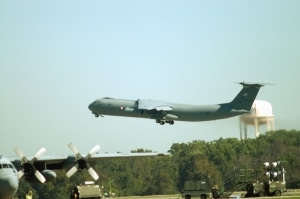C-141C Starlifter #65-0248 departs Robins Air Force Base following a ceremony to mark the end of C-141 programmed depot maintenance. (US Air Force photo by Sue Sapp)