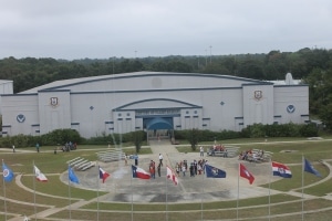 A Starbase Robins rocket launch in the ampitheater in front of the Century of Flight Hangar. 