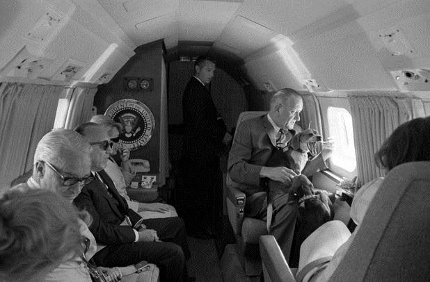 President Johnson (at right, looking out the window) aboard the museum’s JetStar  on June 3, 1966 enroute to his ranch. (LBJ Library/photo by Yoichi Okamoto.)