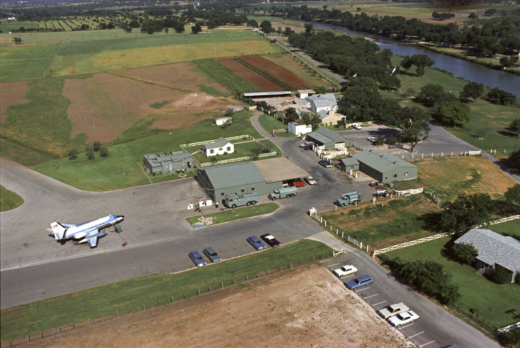 Aerial view of JetStar 61-2488 on June 24, 1967 at President Johnson’s  ranch in central Texas, about 50 miles west of Austin. (LBJ Library photo.)
